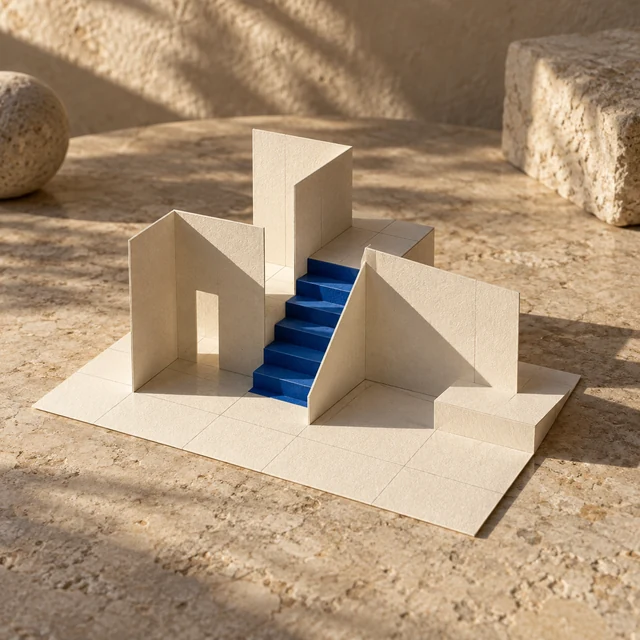 An ivory paper architectural model with a cobalt staircase on a sunlit stone surface