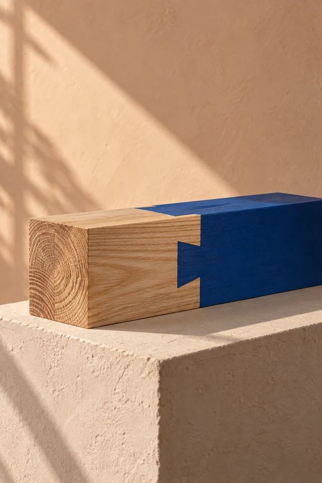 Natural ash and cobalt-blue wooden blocks connected by a precise dovetail joint