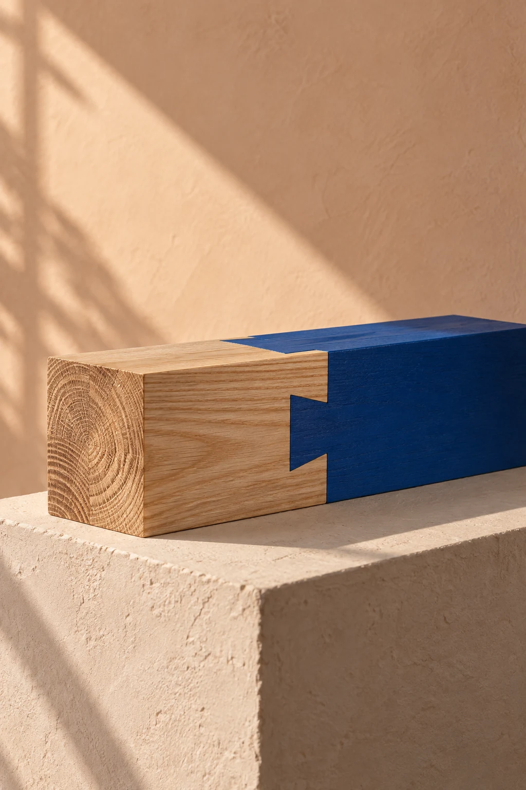 Natural ash and cobalt-blue wooden blocks connected by a precise dovetail joint