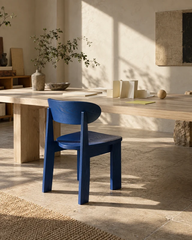 A single cobalt-blue chair at an ash worktable with paper studies in a sunlit plaster studio