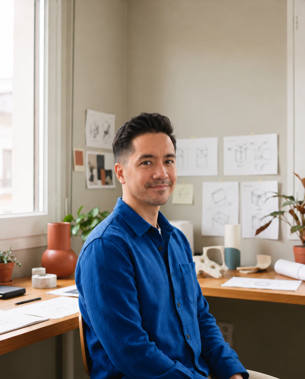 Johnnie Hamn in a blue shirt, seated at a studio desk with sketches pinned to the wall