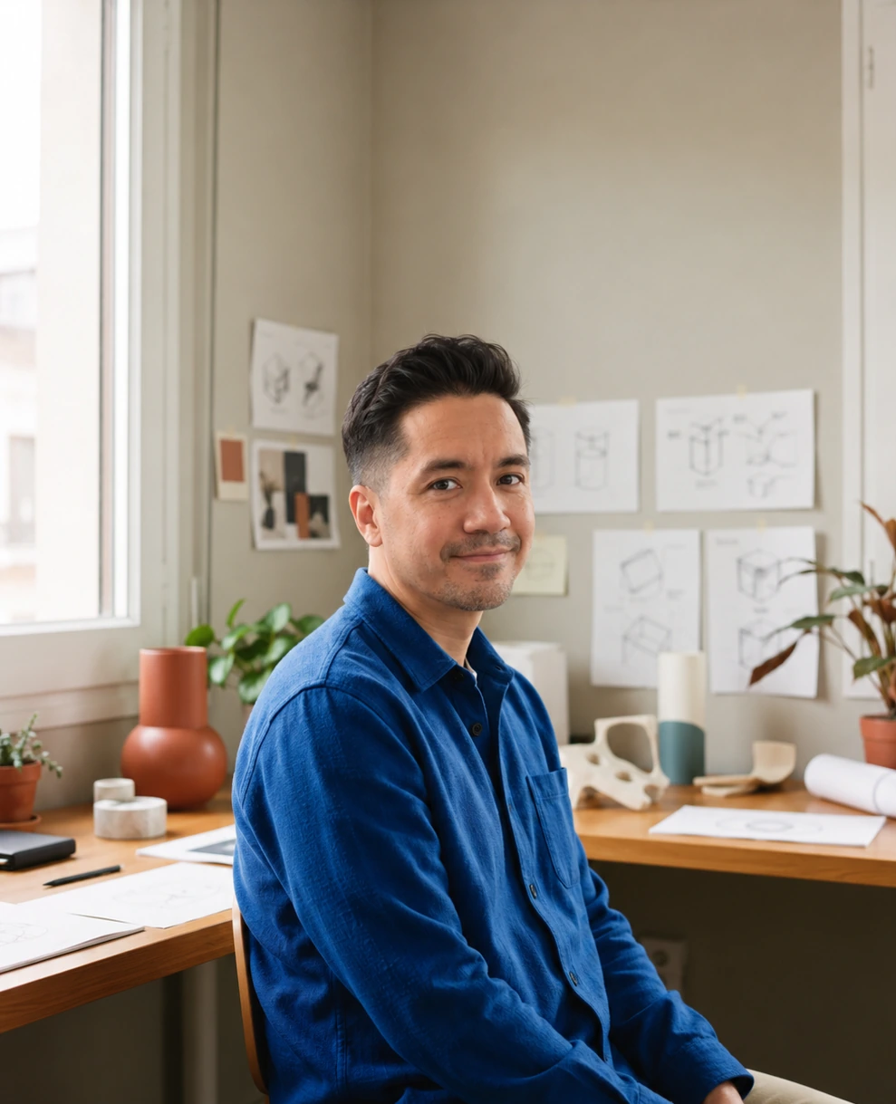 Johnnie Hamn in a blue shirt, seated at a studio desk with sketches pinned to the wall